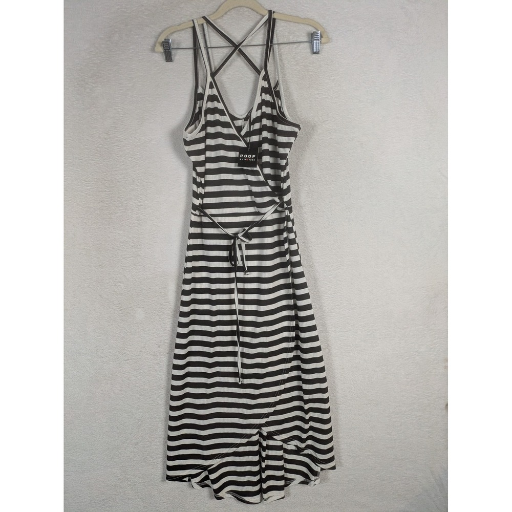 NEW Poof New York Wrap Dress Women's L Black White Striped Ribbed High-Low